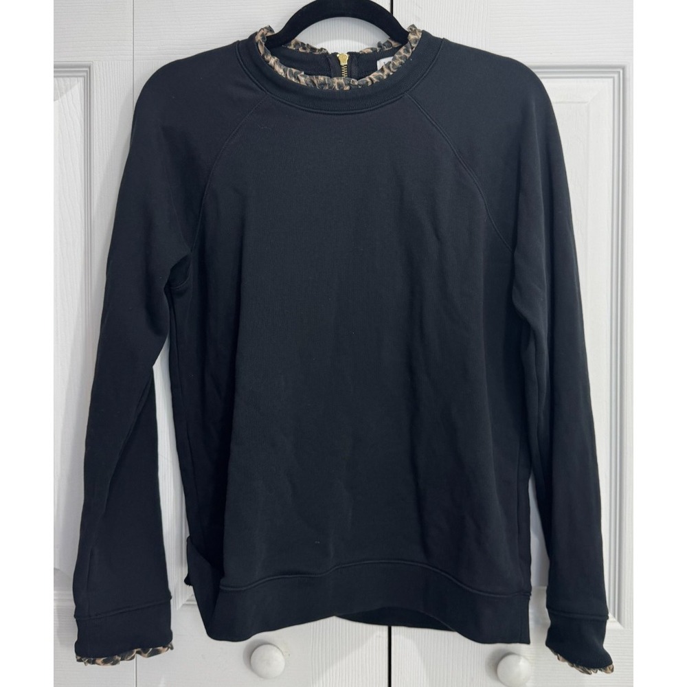 J.Crew Sweatshirt Women Medium Black Crew Neck Leopard Print Trim 1/4 Zip Winter
